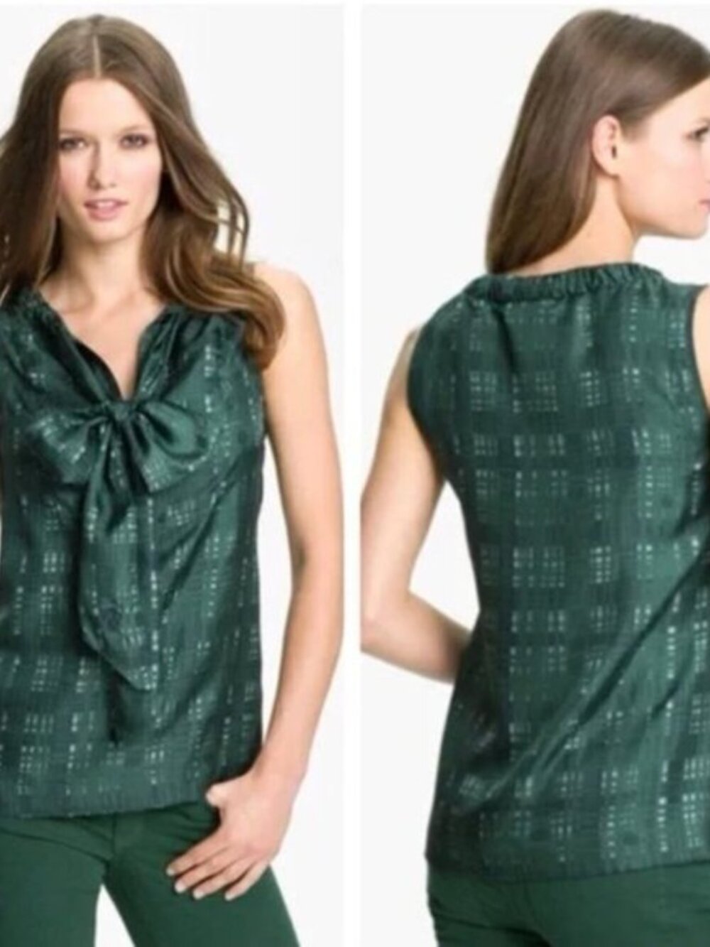 TORY BURCH 100% silk blouse top green teal sleeveless tie neck SIZE 8 - Picture 10 of 12